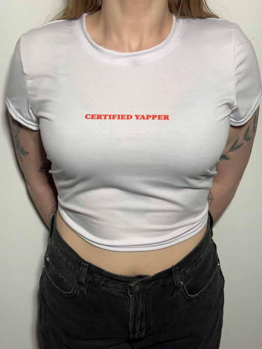 Certified Yapper | White Crop Tee